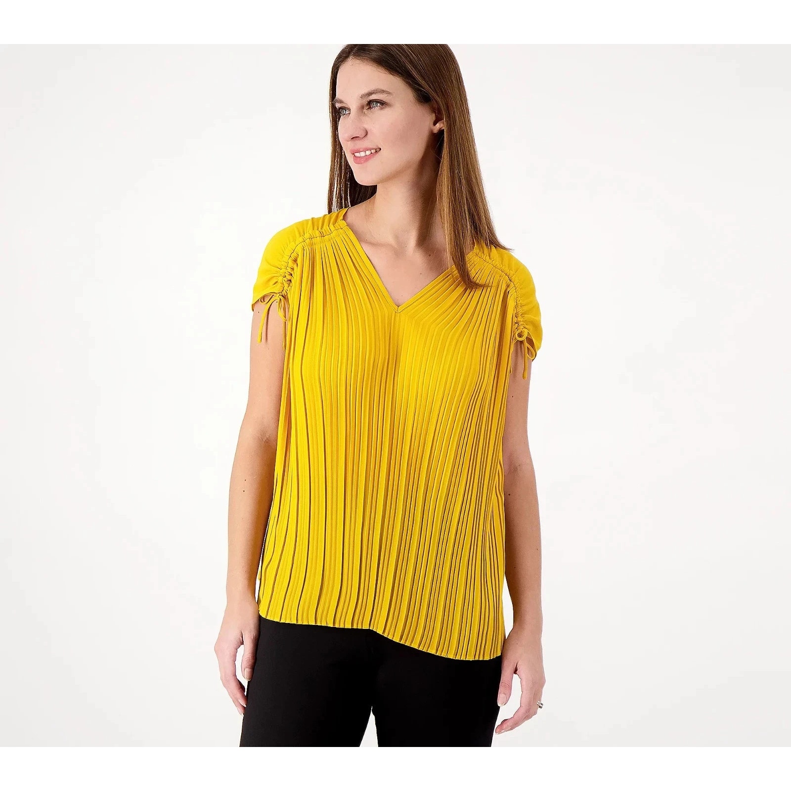 Attitudes By Renee Global Illusions Cinch Pleated Top Size 3x Yellow Bohemian